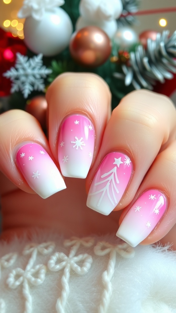 Pink and White Ombre Christmas Nail Art Pink and white ombre nails with Christmas designs, showcasing snowflakes and trees.